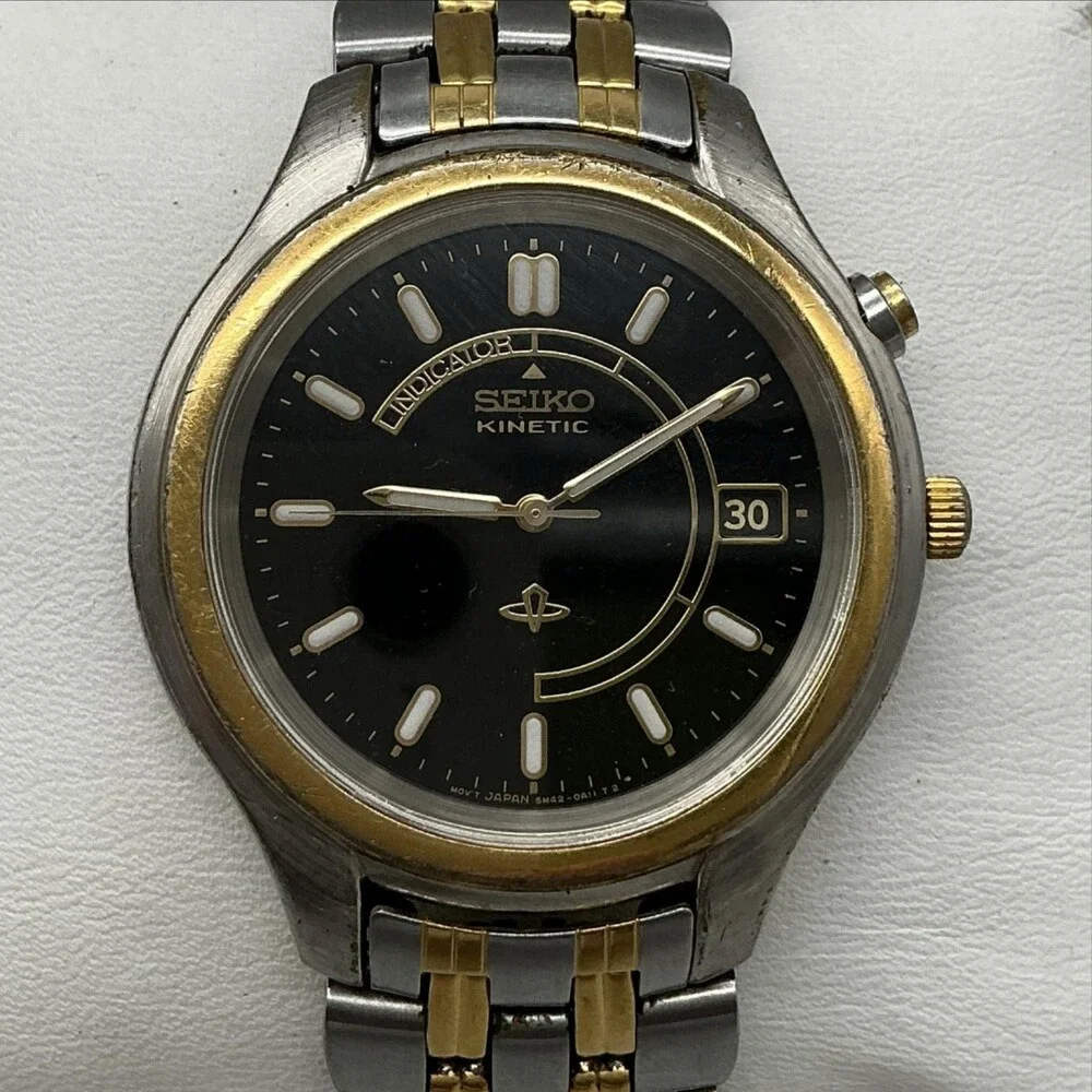 Seiko Kinetic Mens Watch 38mm Black Dial Date 5M42-0A19 New Capacitor 8